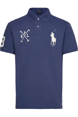 Ralph Lauren Custom Slim Fit Big Pony Mesh Polo Shirt Tops Knitwear Short Sleeve Knitted Polos Blue