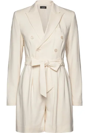 Ralph Lauren Belted Double-Breasted Cady Romper Bottoms Jumpsuits Cream