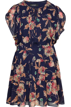 Ralph Lauren Floral Crinkle Georgette Tie-Neck Dress Lyhyt Mekko Navy