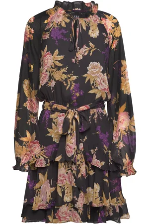 Ralph Lauren Floral Belted Crinkle Georgette Dress Lyhyt Mekko Black