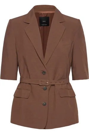 MANGO Linen-Blend Suit Jacket With Belt Blazers Belted Blazers Brown