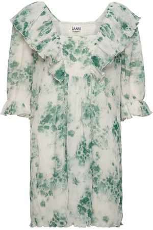 Ganni Pleated Georgette Ruffle Mini Dress Lyhyt Mekko Green