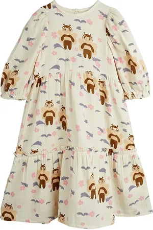 Mini Rodini Muslin Bee Aop Woven Puff Sleeve Dress Dresses & Skirts Dresses Casual Dresses Long-sleeved Casual Dresses Cream