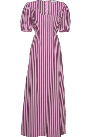 Ganni Stripe Cotton Cutout Dress Pink