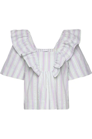 Ganni Stripe Seersucker Ruffle Blouse Patterned