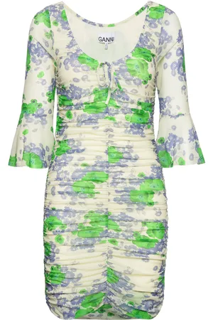 Ganni Printed Mesh U-Neck Ruched Mini Dress Green