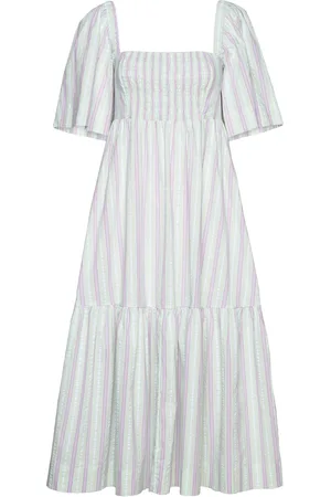 Ganni Stripe Seersucker Ruffle Midi Dress Blue