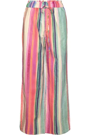 MANGO Multi-Coloured Striped Linen Trousers Patterned
