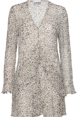 Ganni Printed Light Georgette Mini Dress Beige