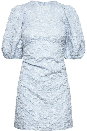 Ganni Stretch Jacquard Puff Sleeves Mini Dress Blue