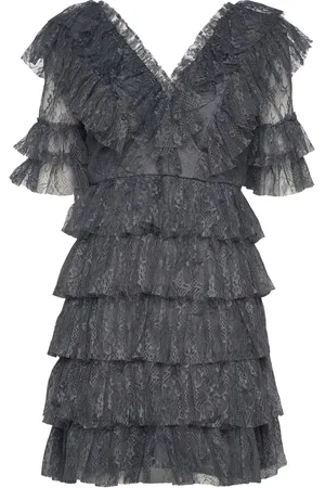 By Malina Sky V-Neck Frill Mini Lace Dress Grey