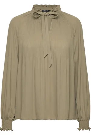 Ralph Lauren Pleated Georgette Tie-Neck Blouse Green