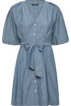 Ralph Lauren Belted Denim Bubble-Sleeve Shirtdress Blue