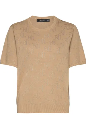 Ralph Lauren Monogram Jacquard Short-Sleeve Sweater Beige