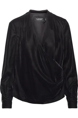 Ralph Lauren Pleated Velvet Surplice Blouse Black