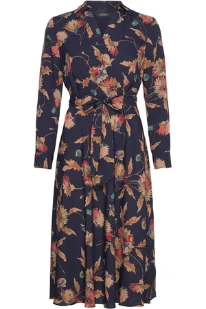 Ralph Lauren Floral Surplice Crepe Midi Dress Navy