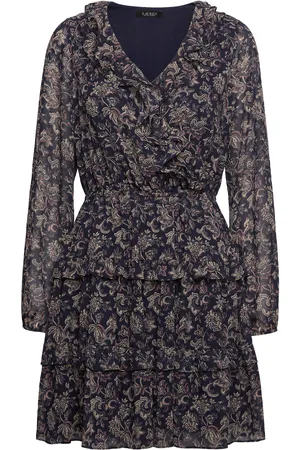 Ralph Lauren Floral Crinkle Georgette Surplice Dress Navy