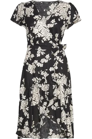 Ralph Lauren Floral Linen Flutter-Sleeve Wrap Dress Black