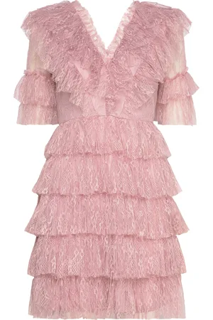 By Malina Sky V-Neck Frill Mini Lace Dress Pink