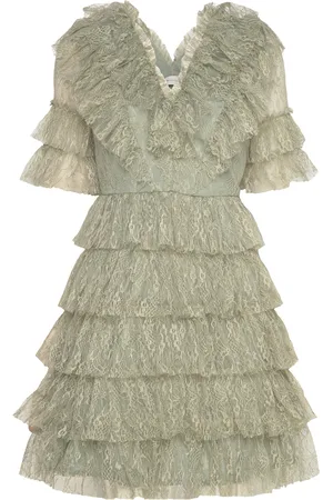 By Malina Sky V-Neck Frill Mini Lace Dress Khaki