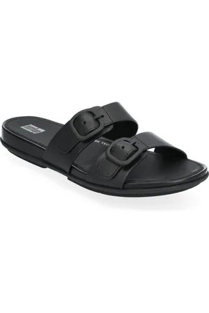FitFlop Gracie Rubber-Buckle Two-Bar Leather Slides Black