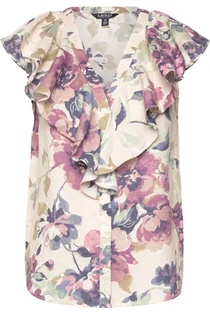 Ralph Lauren Floral Linen Flutter-Sleeve Shirt Pink