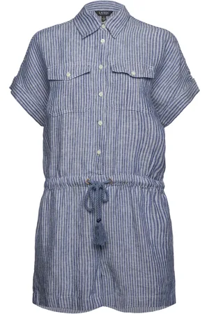 Ralph Lauren Pinstripe Linen Short-Sleeve Romper Blue