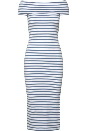 Ralph Lauren Striped Off-The-Shoulder Midi Dress Blue