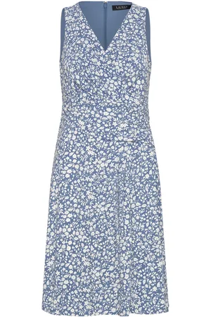 Ralph Lauren Floral Surplice Jersey Sleeveless Dress Blue