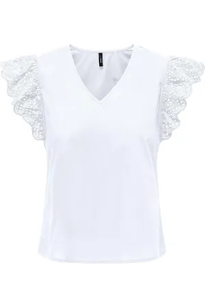 ONLY Onllou Life Emb S/S Frill Top Wvn White