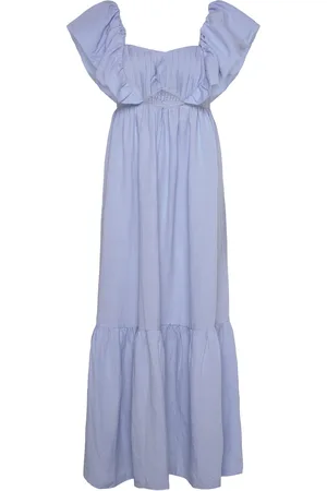 By Malina Emilie Frill Detailed Linen Blend Maxi Dress Blue