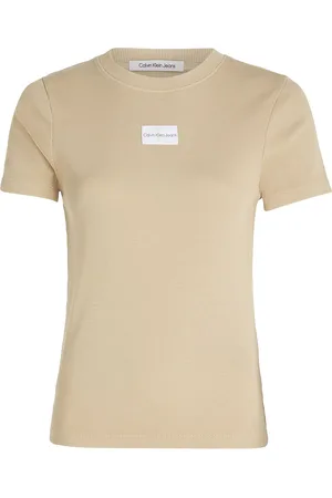 Calvin Klein Washed Woven Label Rib Baby Tee Beige