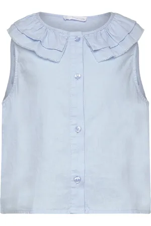 MANGO Button Linen-Blend Blouse Blue