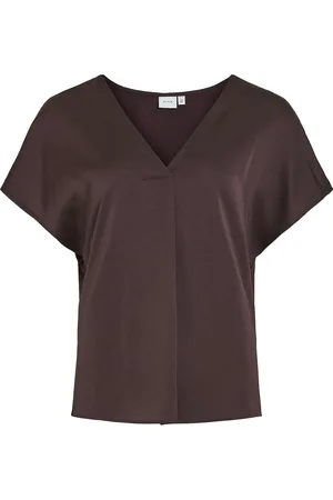 VILA Viellette V-Neck S/S Satin Top - Noos Brown