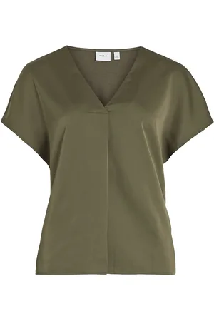 VILA Viellette V-Neck S/S Satin Top - Noos Khaki
