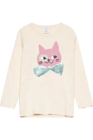 Lindex Top L S Placement Print Cat Wi Cream