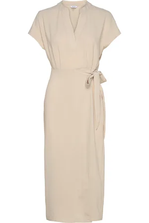 BUBBLEROOM V-Neck Short Sleeve Wrap Dress Beige
