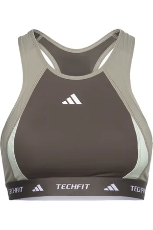 adidas Techfit Medium Support High Neck Colorblock Bra Khaki