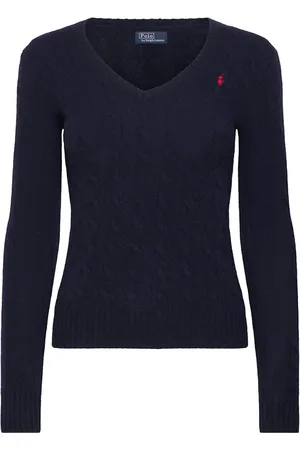 Ralph Lauren Cable-Knit Wool-Cashmere V-Neck Sweater Blue