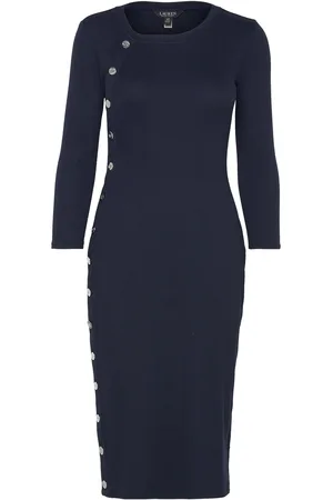 Ralph Lauren Button-Trim Rib-Knit Cotton-Blend Dress Navy