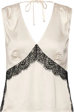 French Connection Ennis Satin Lace Top Cream