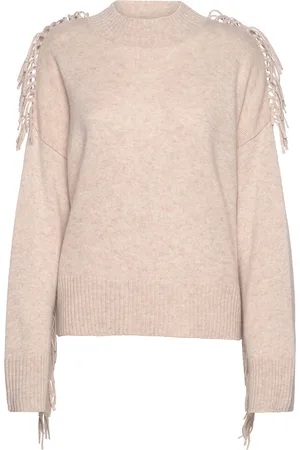 Davida Cashmere Boxy O-Neck Sweater Fringes Beige