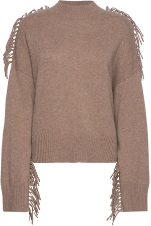 Davida Cashmere Boxy O-Neck Sweater Fringes Beige