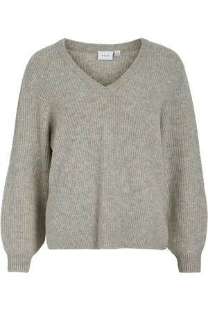 VILA Vibeluna V-Neck Rev L/S Knit Top - Noos Beige