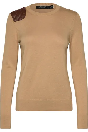Ralph Lauren Faux-Leather-Trim Cotton-Blend Sweater Brown
