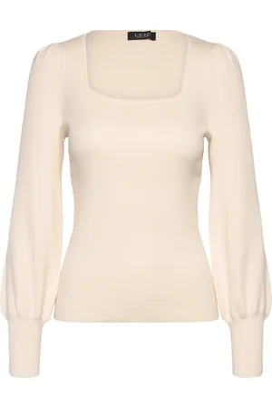 Ralph Lauren Rib-Knit Puff-Sleeve Sweater Cream