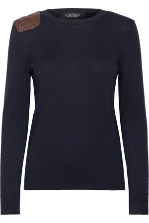 Ralph Lauren Faux-Leather-Trim Cotton-Blend Sweater Navy