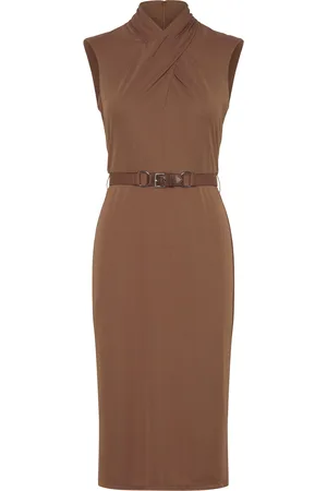 Ralph Lauren Belted Jersey Mockneck Dress Brown
