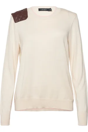 Ralph Lauren Faux-Leather-Trim Cotton-Blend Sweater Beige