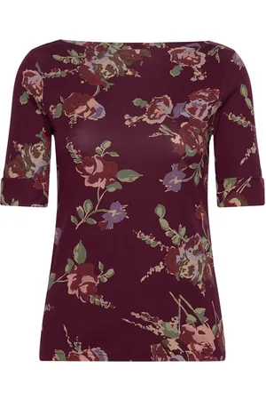 Ralph Lauren Floral Stretch Cotton Boatneck Tee Burgundy